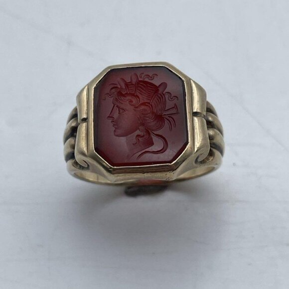 *SOLD* 9k Yellow Gold & Intaglio Carved Carnelian Ring Vintage Sz 8.5-8.75 - Picture 7 of 13